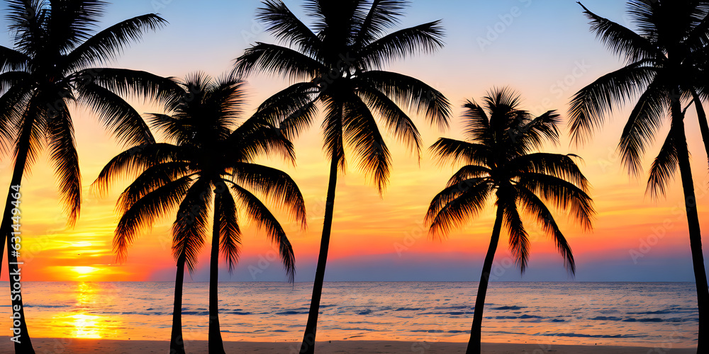 Palm trees on the background of the sunset seascape, beach, panoramic view, ai generated