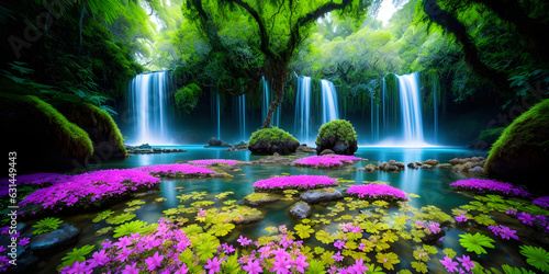 Flowering tropical forest with waterfalls  jungle  ai generated