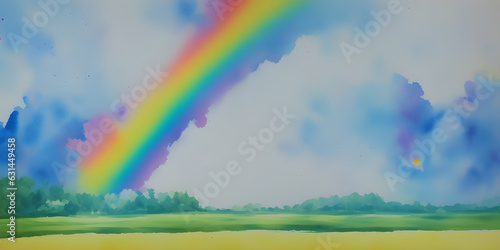 Watercolor drawing of a summer landscape with a rainbow, ai generated © Valerii
