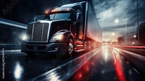 American style Truck driving on the asphalt road at night. Created with Generative AI technology. © MP Studio