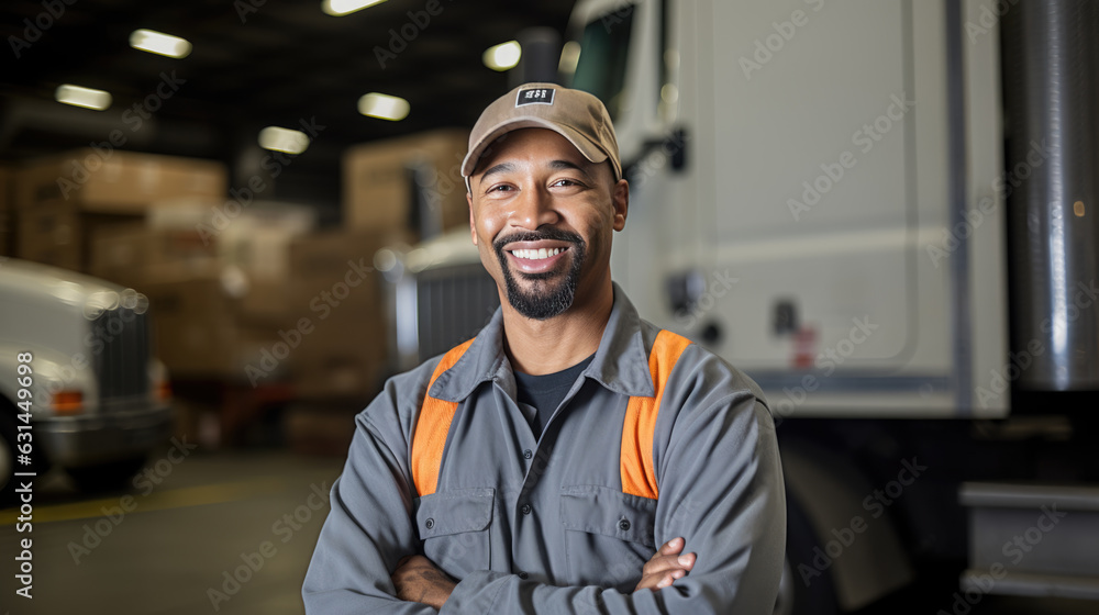 Fototapeta premium Happy smiling truck driver. Created with Generative AI technology.