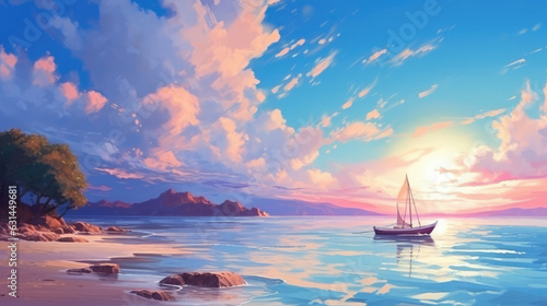 Beautiful illustrate landscape of beach with boat view 