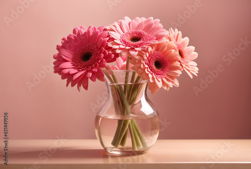 Beautiful Pink gerbera flowers in a vase on beige table with pink wall background. High Quality Image. Generative Ai