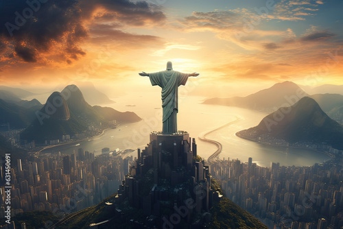 Large statue of Jesus Christ the Redeemer above a beautiful sunset over a utopian lake with skyscrapers and moutains