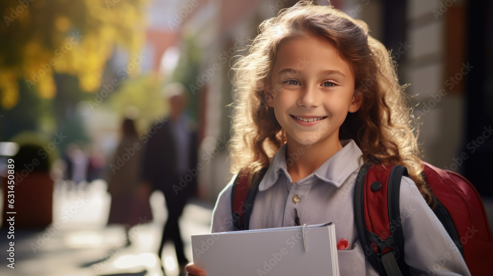 Little schoolgirl stands outside the school with a backpack on her back. Back to school. Created with Generative AI technology. Little schoolgirl stands outside the school with a backpack on her back. Back to school. Created with Generative AI technology.