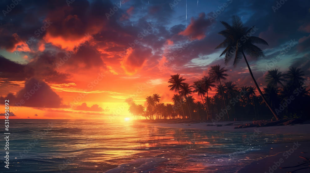 sunset over the beach with coconut tree view 