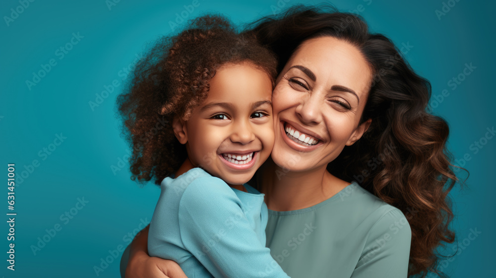 Happy mother and daughter smiling and hugging against the blue background. Created with Generative AI technology. Happy mother and daughter smiling and hugging against the blue background. Created with Generative AI technology.