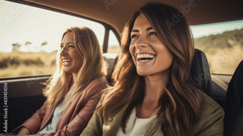 Laughing young woman driving a car with her girl friend. Created with Generative AI technology. © MP Studio