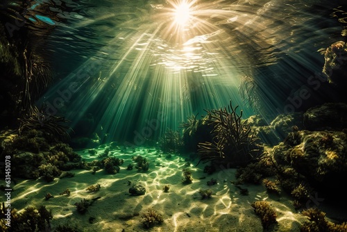 Seabed and bright direct sunlight underwater, generative AI.