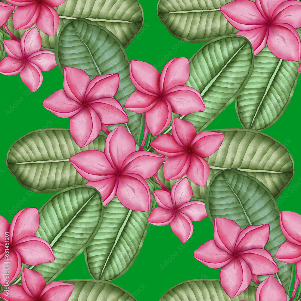 Watercolor seamless pattern with tropical flowers. Beautiful allover print with hand drawn exotic plants. Swimwear botanical design.	