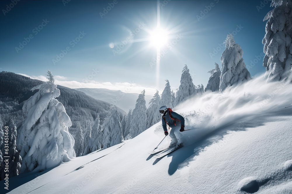 A skier high in the mountains descends on a snowy ski track, generative AI.