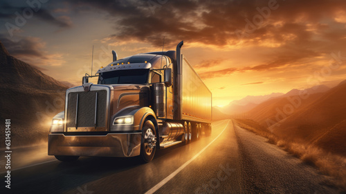 American style Truck driving on the asphalt road in rural landscape at sunset.Created with Generative AI technology.