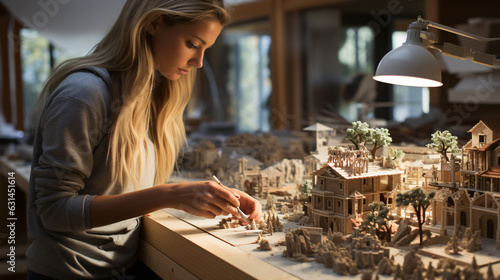 Undergraduate architecture student worked on modern box house models, holding a part of the model while contemplating building concepts. Her focused hand brought the design to life.
