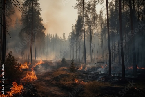 Forest and peat fires due to increased air temperature, generative AI. © Niko_Dali