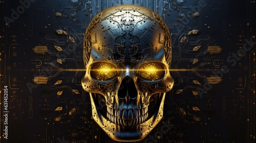 Artificial intelligence cybernetic skull fused and interconnected with computer brain circuit. Futuristic human evolution with technology - generative AI