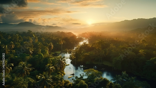 Beautiful view of the Amazon jungle at sunrise. Generative AI © Sewupari Studio