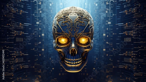 Artificial intelligence cybernetic skull fused and interconnected with computer brain circuit. Futuristic human evolution with technology - generative AI