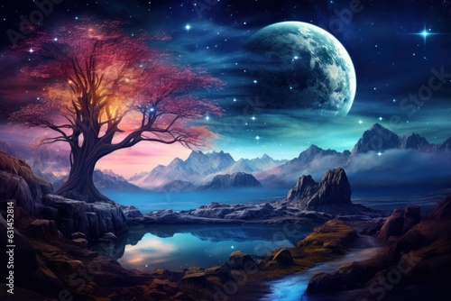 fantasy landscape with mountains, magical tree night sky and moon background © 7oanna