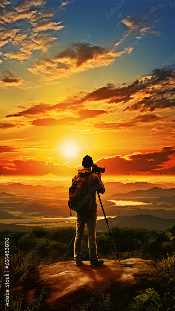 Photographer with camera and tripod capturing beautiful scenery of nature Greenery, mountains, trees and sunset sky. generative AI
