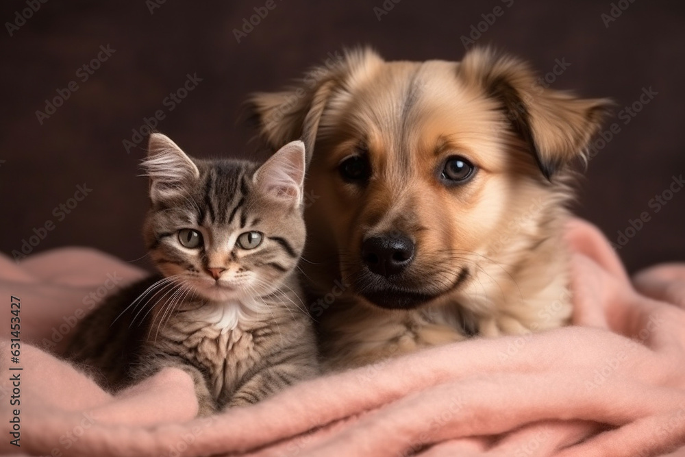 A heartwarming studio portrait photography capturing the adorable moments of a cute puppy and a cat snuggled on a pink blanket, radiating love and friendship. Ai generated