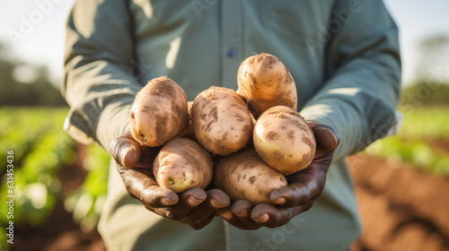 Male farmer holding a potato crop in his hands.