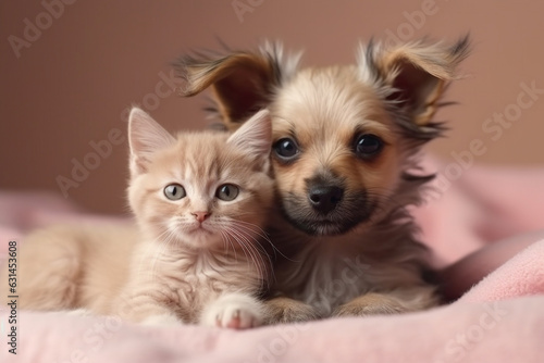  A heartwarming studio portrait photography capturing the adorable moments of a cute puppy and a cat snuggled on a pink blanket, radiating love and friendship. Ai generated