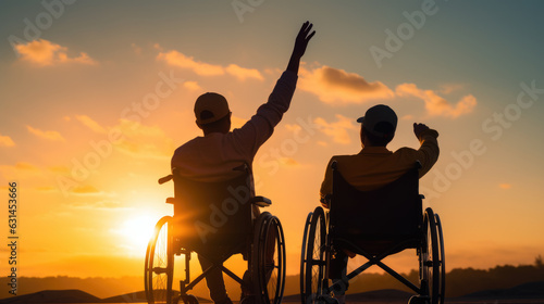 Silhouette Disabled handicapped young man in wheelchair raised hands with his Disabled friend in sunset.