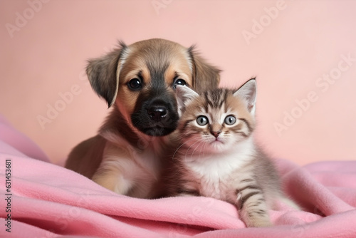  A heartwarming studio portrait photography capturing the adorable moments of a cute puppy and a cat snuggled on a pink blanket, radiating love and friendship. Ai generated
