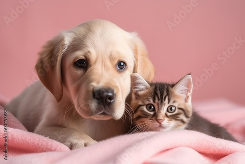  A heartwarming studio portrait photography capturing the adorable moments of a cute puppy and a cat snuggled on a pink blanket, radiating love and friendship. Ai generated