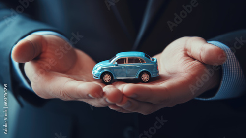 Car insurance. Male hands holdind blue car as protection concept. Created with Generative AI technology. photo