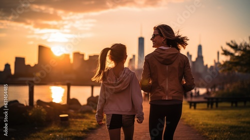 middle age woman and childen girl exercise in the morinng. joygul  healthy family running with sunset. photo