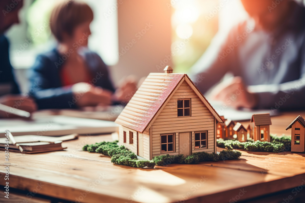 Toy house and a couple signing the mortgage on their house. Property purchase concept Toy house and a couple signing the mortgage on their house. Property purchase concept