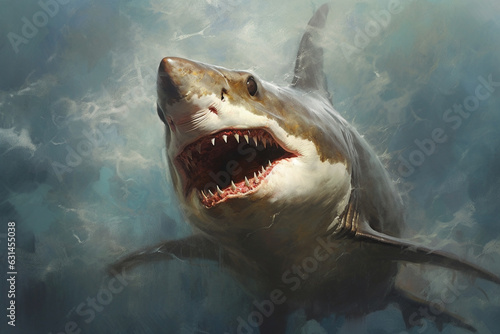 Encounter the terrifying presence of a massive killer shark lurking beneath the sea or ocean  showcasing its intimidating big teeth and open mouth. Ai generated