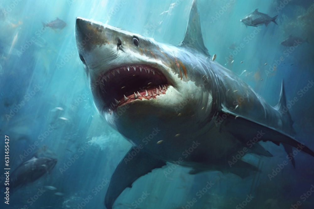 Naklejka premium Encounter the terrifying presence of a massive killer shark lurking beneath the sea or ocean, showcasing its intimidating big teeth and open mouth. Ai generated