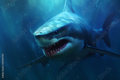 Encounter the terrifying presence of a massive killer shark lurking beneath the sea or ocean  showcasing its intimidating big teeth and open mouth. Ai generated