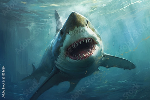 Encounter the terrifying presence of a massive killer shark lurking beneath the sea or ocean, showcasing its intimidating big teeth and open mouth. Ai generated © dragomirescu