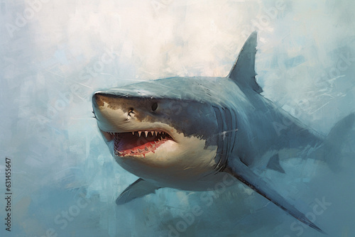 Encounter the terrifying presence of a massive killer shark lurking beneath the sea or ocean  showcasing its intimidating big teeth and open mouth. Ai generated