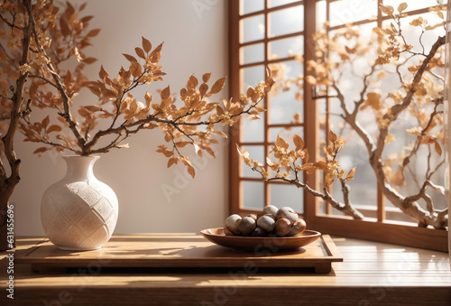 Plant in Trendy Vase on Wooden Table, Japanese Style Window, Autumnal Wallpaper, Generative Ai
