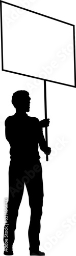 Protestor or demonstrator at a demonstration march, picket line or strike protest rally in silhouette. Holding up a banner or picket sign board placard.