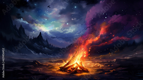 Abstract art of a luminescent campfire under a starlit sky, vibrant colors, impressionistic brush strokes, glowing embers, ethereal smok
