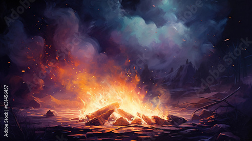 Abstract art of a luminescent campfire under a starlit sky, vibrant colors, impressionistic brush strokes, glowing embers, ethereal smok
