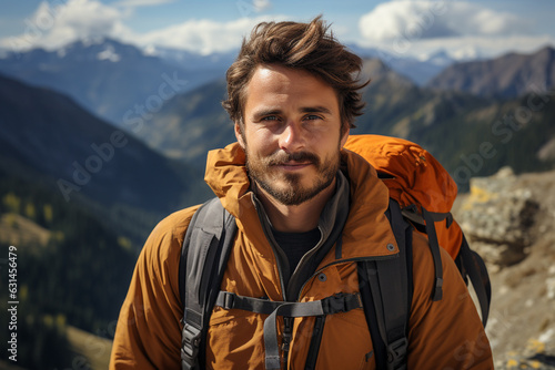 Portrait of a handsome hiker with mountain landscape background