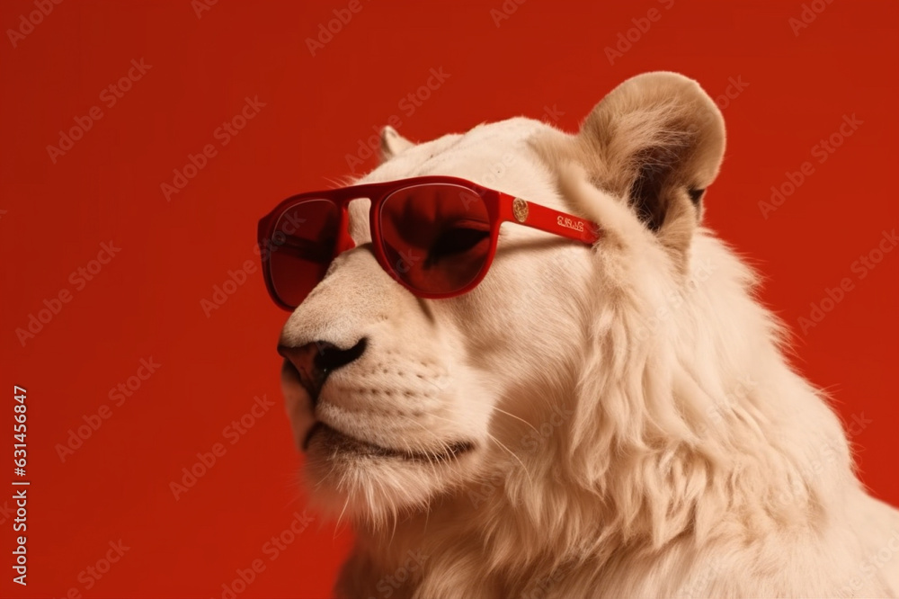  A visually striking artistic photo featuring a white lion with red sunglasses, set against a captivating red background. Ai generated