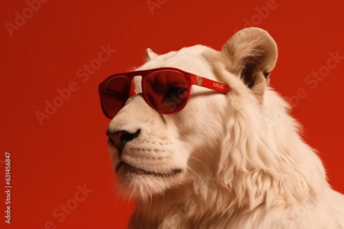  A visually striking artistic photo featuring a white lion with red sunglasses  set against a captivating red background. Ai generated