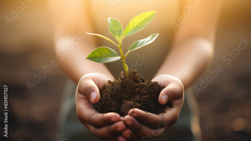 Two hands holding a small plant on a blurred green sunny background. Earth Day and Ecology concept. Generative AI