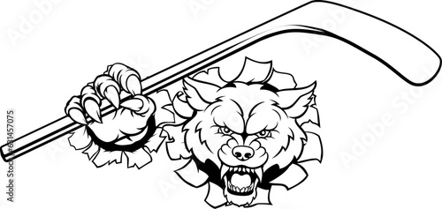 Photography A wolf ice hockey player animal sports mascot holding a hockey stick