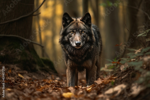 Encounter the awe inspiring presence of a big  scary  and majestic lone wolf traversing a forest path or trail  exuding untamed wilderness. Ai generated