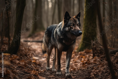 Encounter the awe inspiring presence of a big, scary, and majestic lone wolf traversing a forest path or trail, exuding untamed wilderness. Ai generated