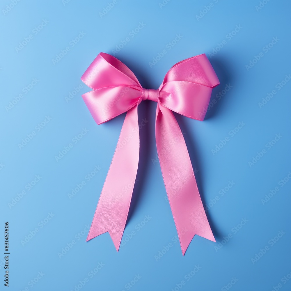 A pink ribbon on a blue background. Breast Cancer Month.