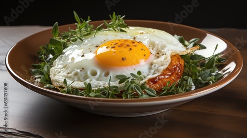 Fresh gourmet meal fried egg on plate.